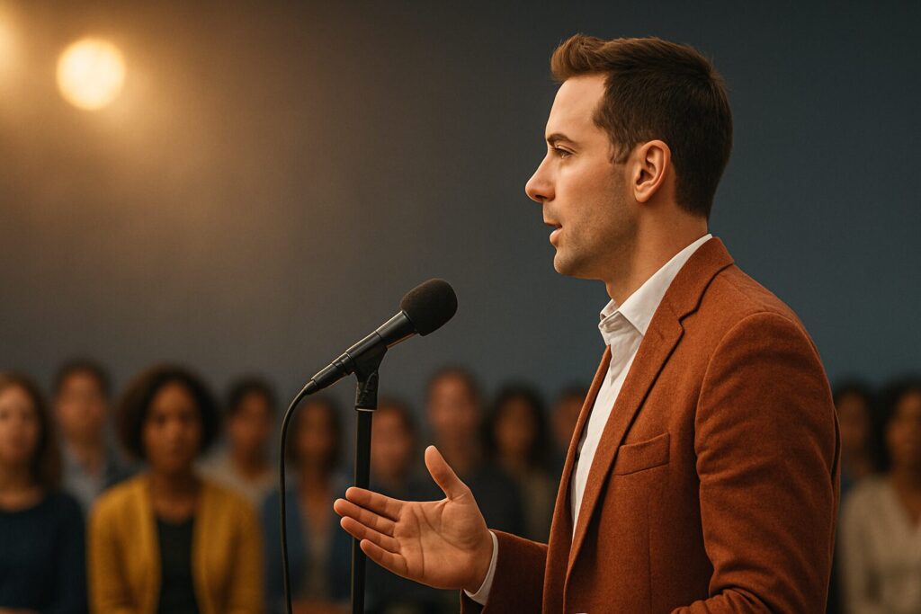 10 Tips Breves para Superar el Estrés al Hablar en Público orador en el escenario destacando 1